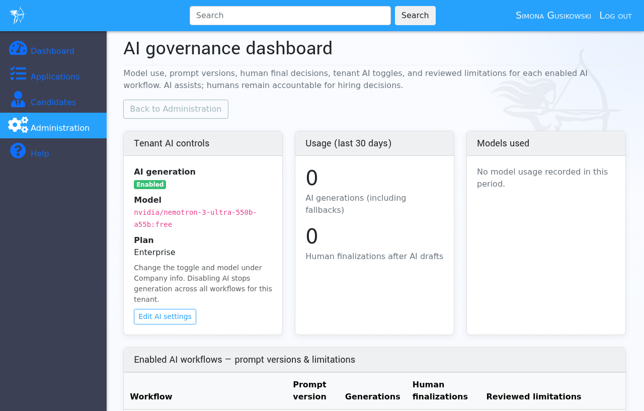 Screenshot of the AI governance dashboard with tenant controls and human finalizations