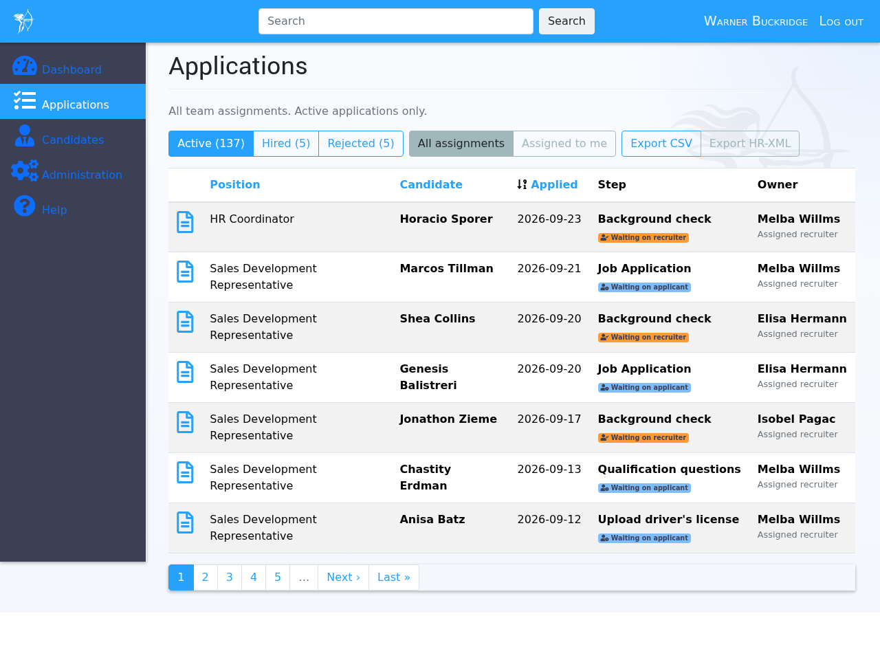 Screenshot of the applications list with each candidate's current step and owner