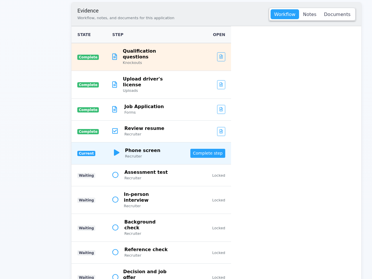 Screenshot of ordered hiring stages, with later steps locked until the current step is complete