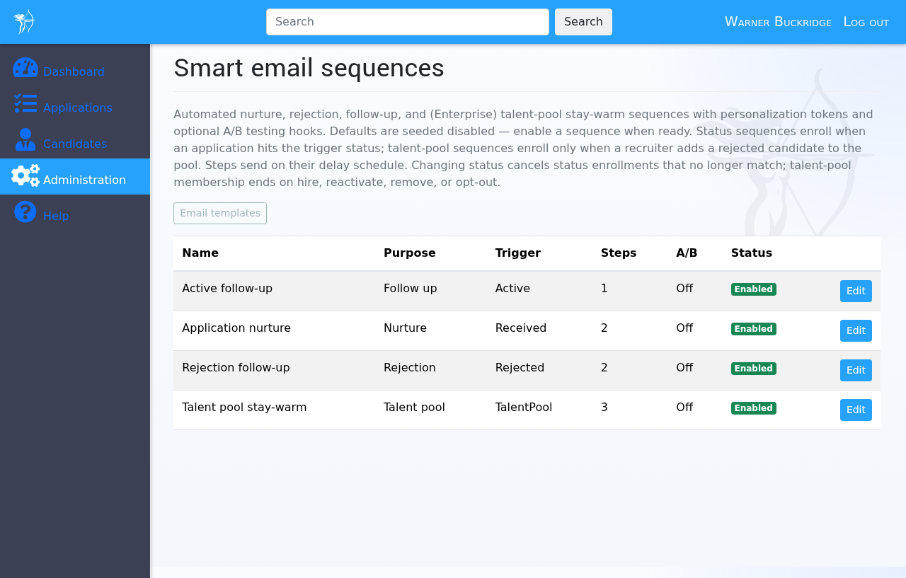 Screenshot of email sequences for follow-up, nurture, and rejection